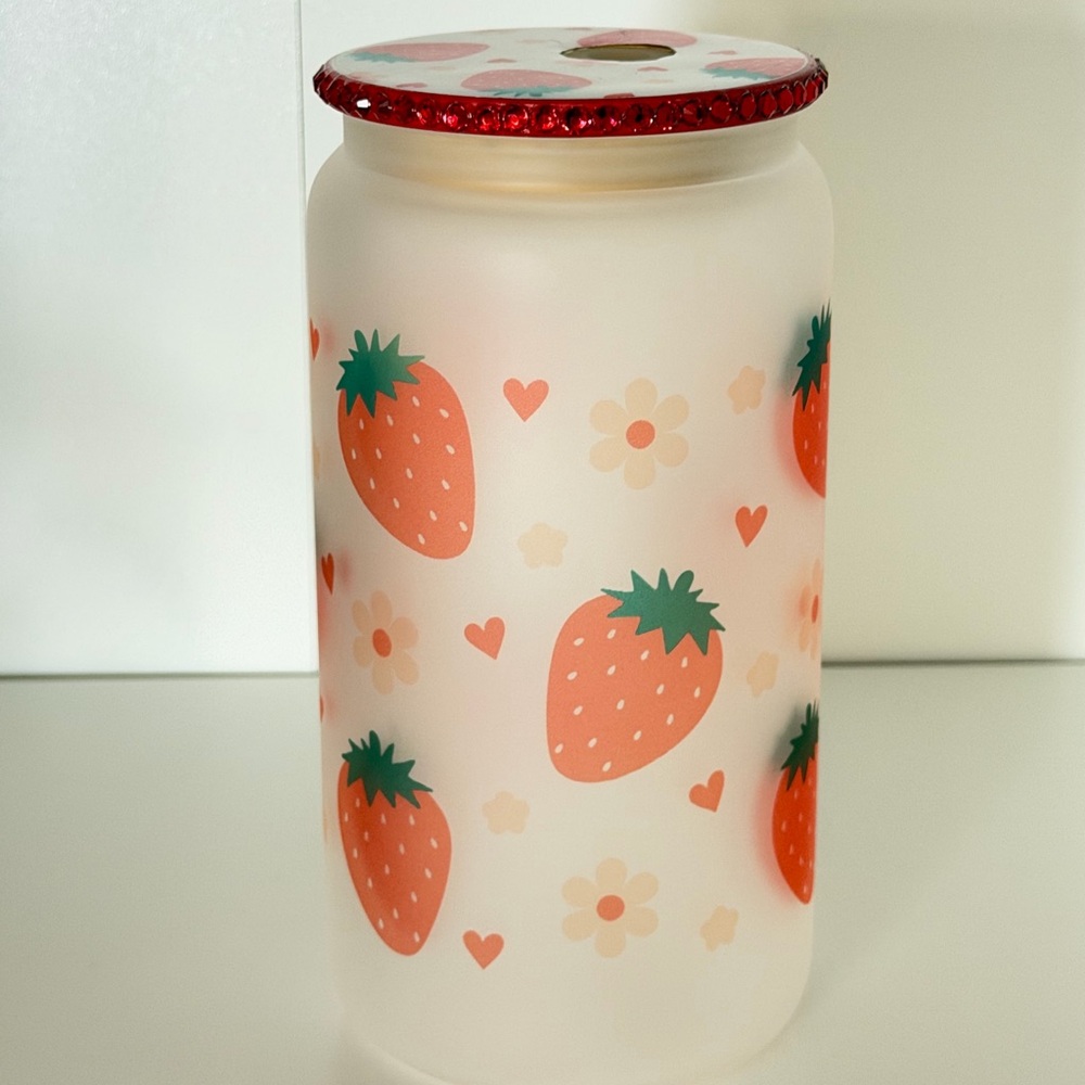 Strawberry 16oz Frosted Glass Tumbler with Matching Lid